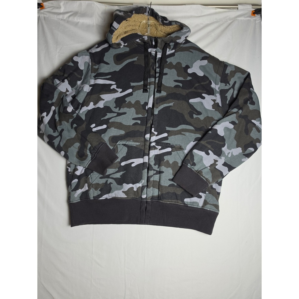 Vintage Faded Glory Mens Camo Sherpa Lined Zip Up Hoodie Grey Black FM20401YP M